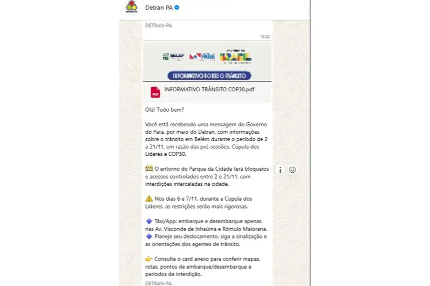 Governo do Pará e Detran enviam mensagens via WhatsApp para orientar população sobre interdições durante a COP30
